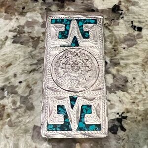 Vintage Alpaca Mexican Silver Money Clip with Genuine Turquoise Inlay